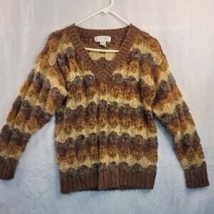 New Expressions V Neck Sweater L Brown Chunky Knit Wool Blend Utility Heritage